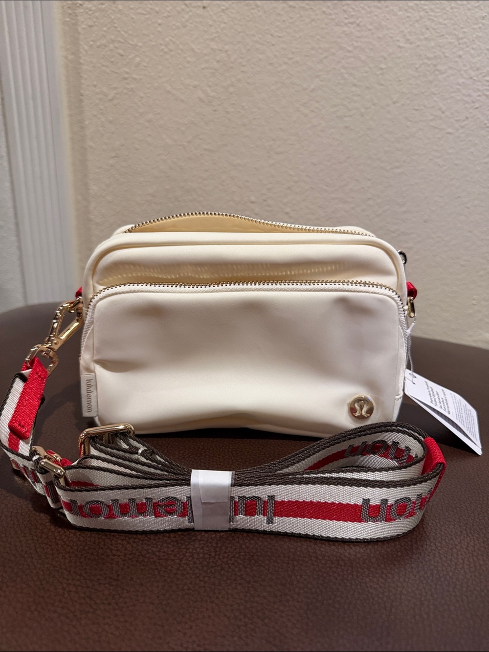 lululemon every where crossbody bag striped wordmark with Gold Accents 2L